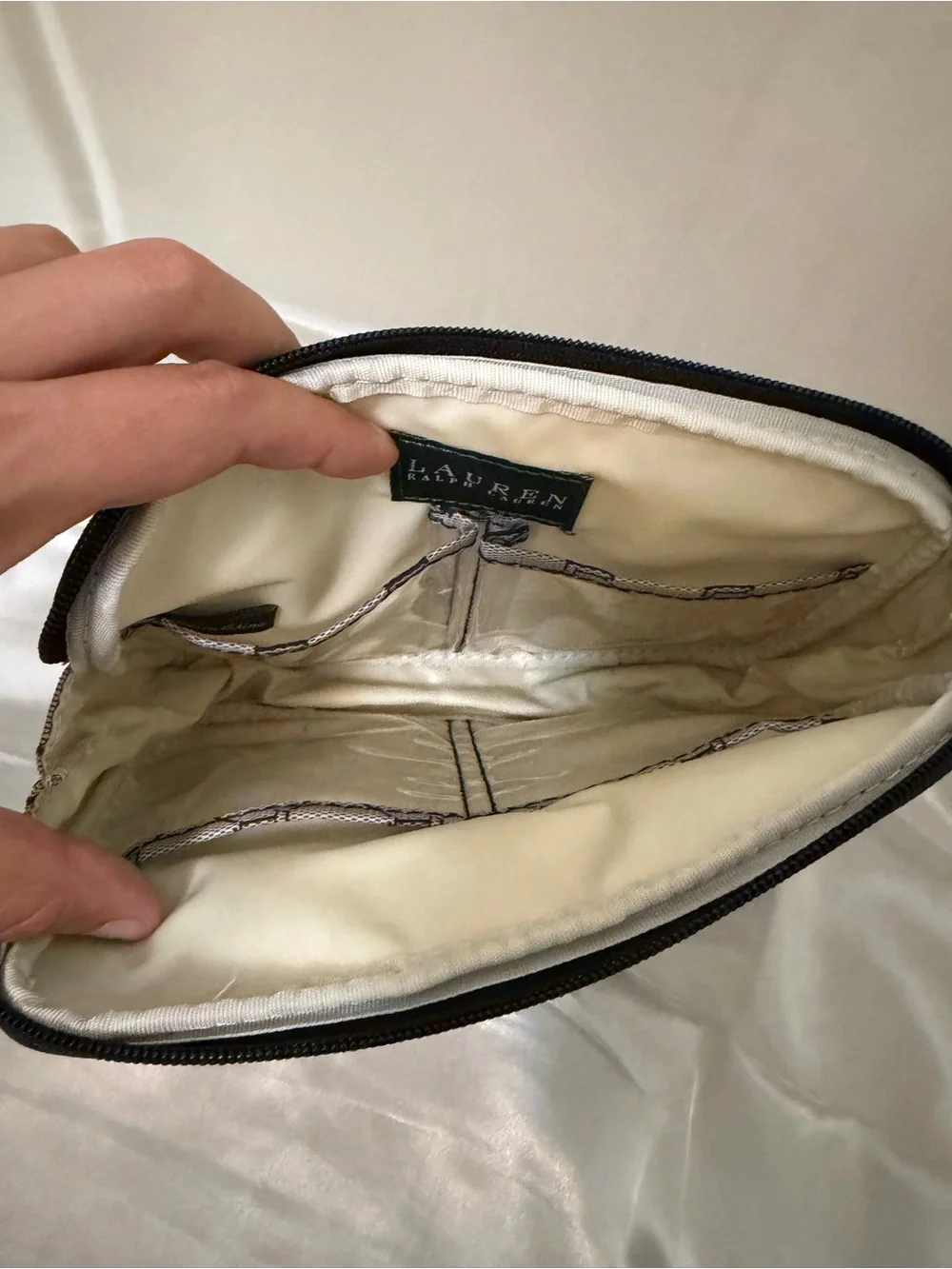 Lauren Ralph Lauren RL Monogram Cosmetic Makeup Bag Travel Pouch Gray Black